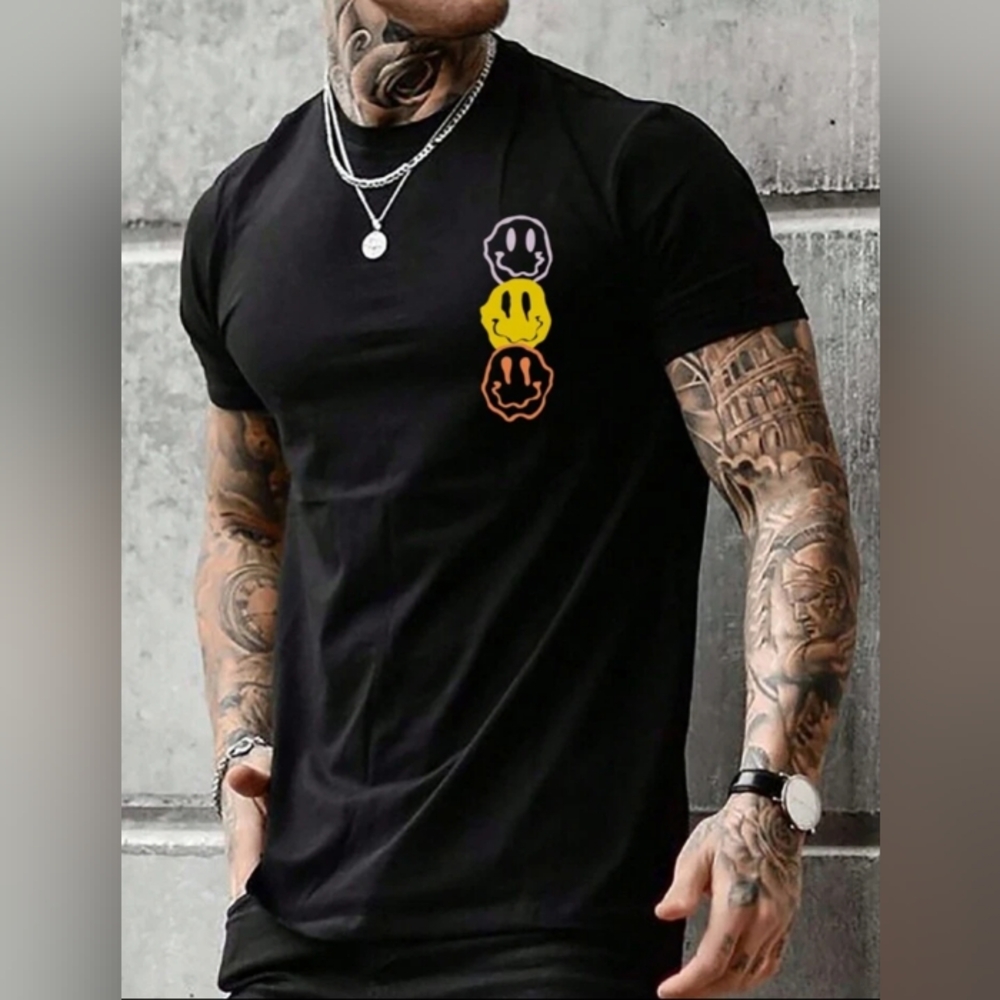 SHEIN Mens Cartoon Smile Faces Black T-shirt SIZE Large NWOT